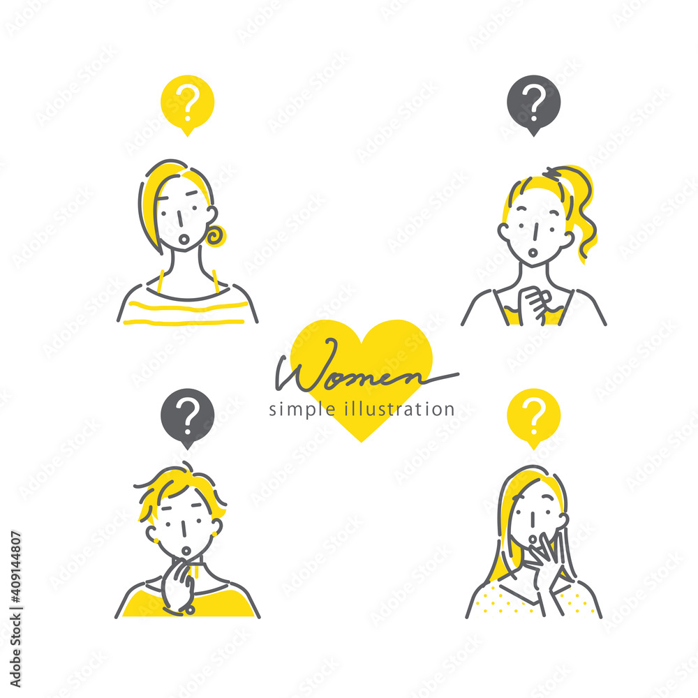 シンプルでおしゃれな線画の女性4人のイラスト素材セット 考える 2色 黄色 グレー Ilustracion De Stock Adobe Stock