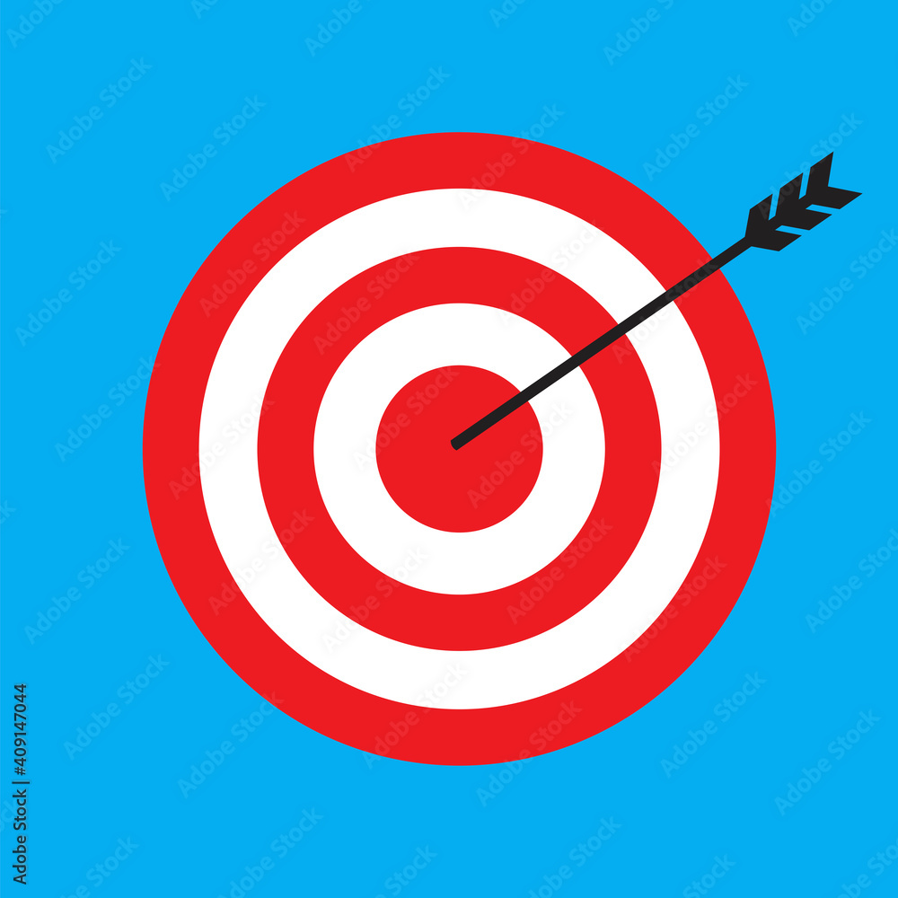 Red target arrow center on blue background. Isolated vector illustration. Business icon. Arrow icon. Stock image. EPS 10. Red target arrow center on blue background. Isolated vector illustration. Business icon. Arrow icon. Stock image. EPS 10.