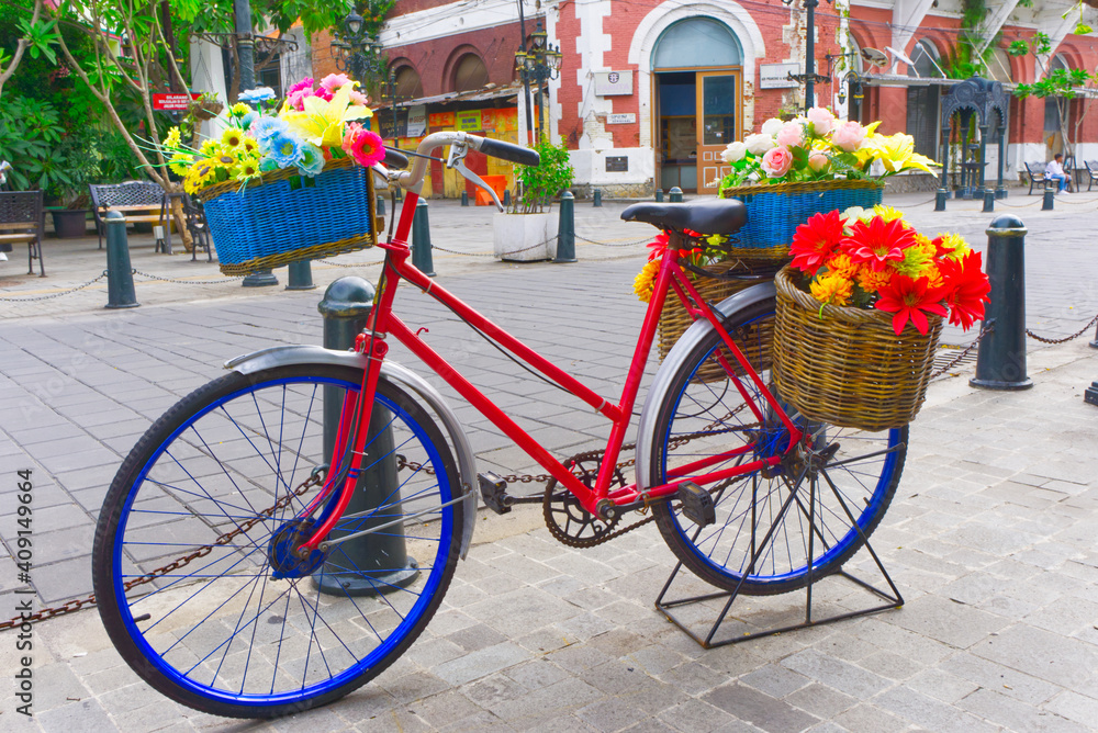 bike with flower decoration in old city