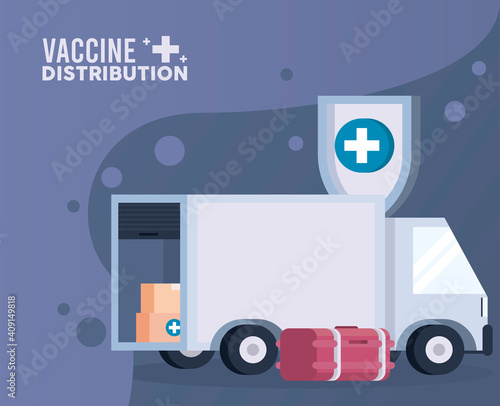 vaccine distribution logistics theme with deep freezer and truck