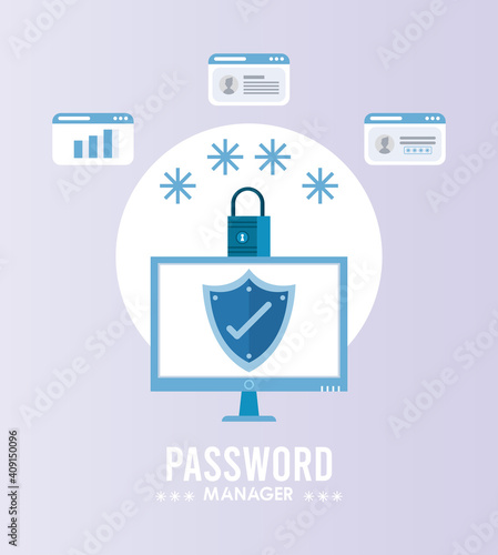 password manager theme with check symbol in shield and padlock in desktop