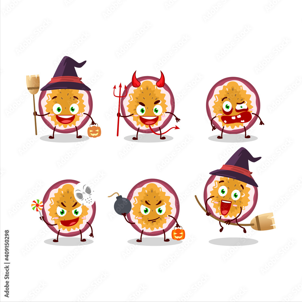 Halloween expression emoticons with cartoon character of slice of passion fruit Halloween expression emoticons with cartoon character of slice of passion fruit