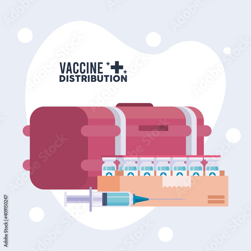 vaccine distribution logistics theme with deep freezer and vials in box