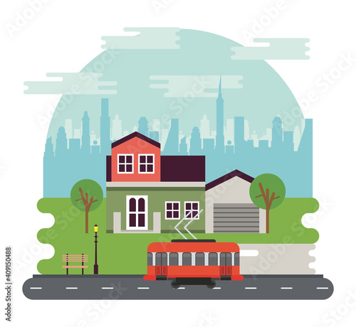 city life megalopolis cityscape scene with house and trolley car