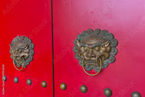 details of, old red vintage wooden door with lions head ornament