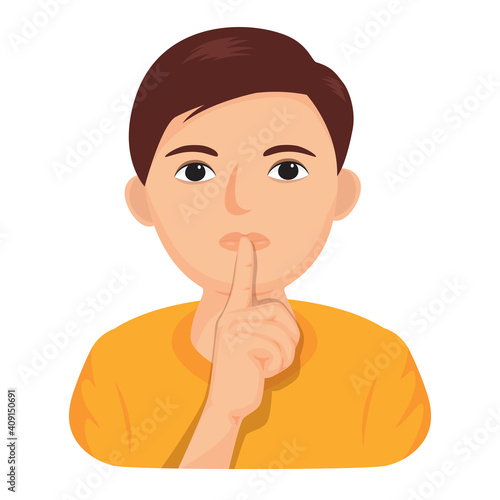 Boy making a shushing with finger on lips, illustration vector cartoon