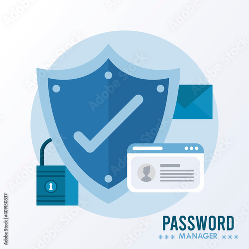 password manager theme with check symbol in shield and secure icons