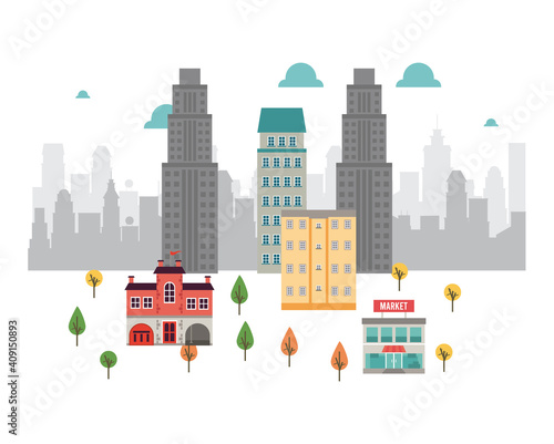 city life megalopolis cityscape scene with market and skyscrapers