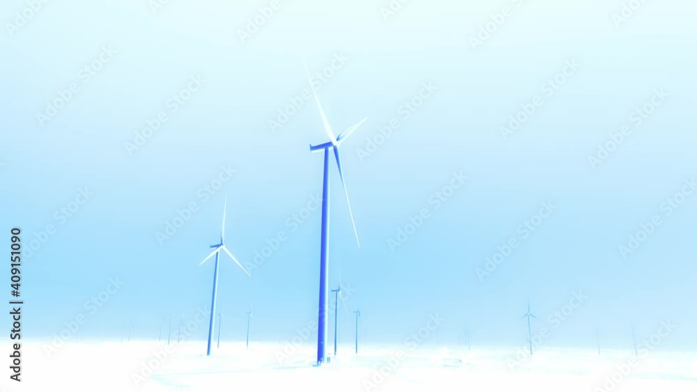 Wind Turbines, Monochromatic Colour, illustrating no heat or fossil fuel emissions from the power plant which is sustainable; aerial static footage from below rendered in monochromatic colour, blue. Wind Turbines, Monochromatic Colour, illustrating no heat or fossil fuel emissions from the power plant which is sustainable; aerial static footage from below rendered in monochromatic colour, blue.