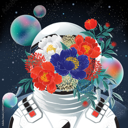 Vector illustration of the astronaut with floral decoration on the face on a background of planets. Design for picture frame, poster, brochure and science fiction	