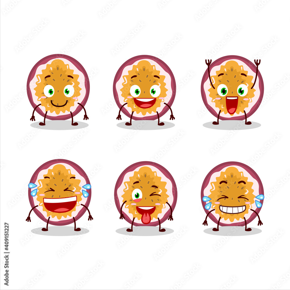 Cartoon character of slice of passion fruit with smile expression Cartoon character of slice of passion fruit with smile expression