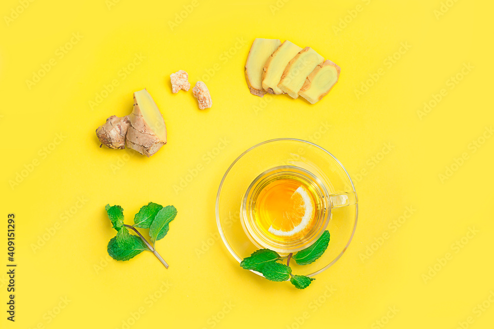 Ginger ale flat lay minimal on yellow background with Lime and Mint - Top view and copy Space Ginger ale flat lay minimal on yellow background with Lime and Mint - Top view and copy Space