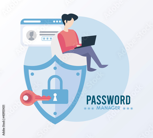 password manager theme with man using laptop and padlock in shield