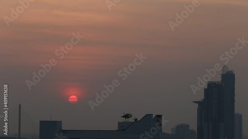 Blurred background of high angle motion video, overlooking the capital city landscape and the evening twilig photo