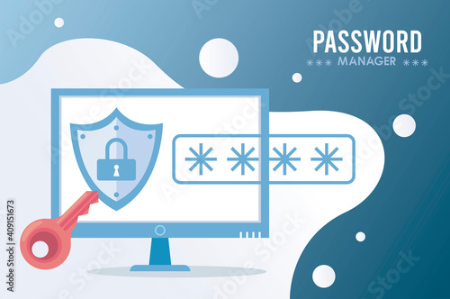 password manager theme with padlock in shield and cypher in desktop
