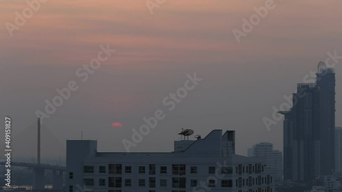 Blurred background of high angle motion video, overlooking the capital city landscape and the evening twilig photo