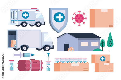 vaccine distribution logistics theme with bundle set icons