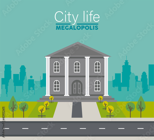 city life megalopolis lettering in cityscape scene with governmental building