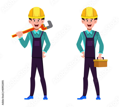 Plumber character holding wrench and tools box in hands