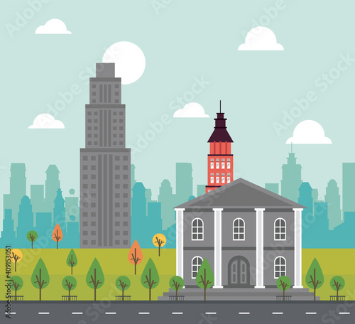 city life megalopolis cityscape scene with governmental building and skyscrapers