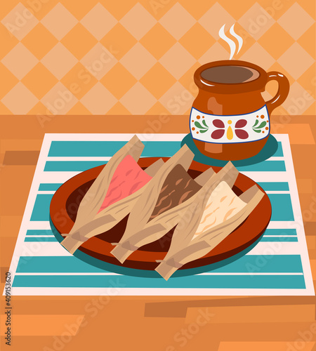 Ilustración vectorial de conjunto de tamales con atole para festividad del día de la candelaria.