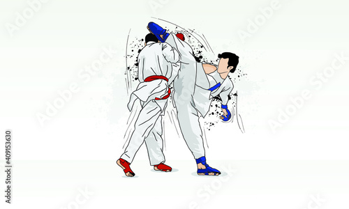 Practice karate, sparring between two martial artists.