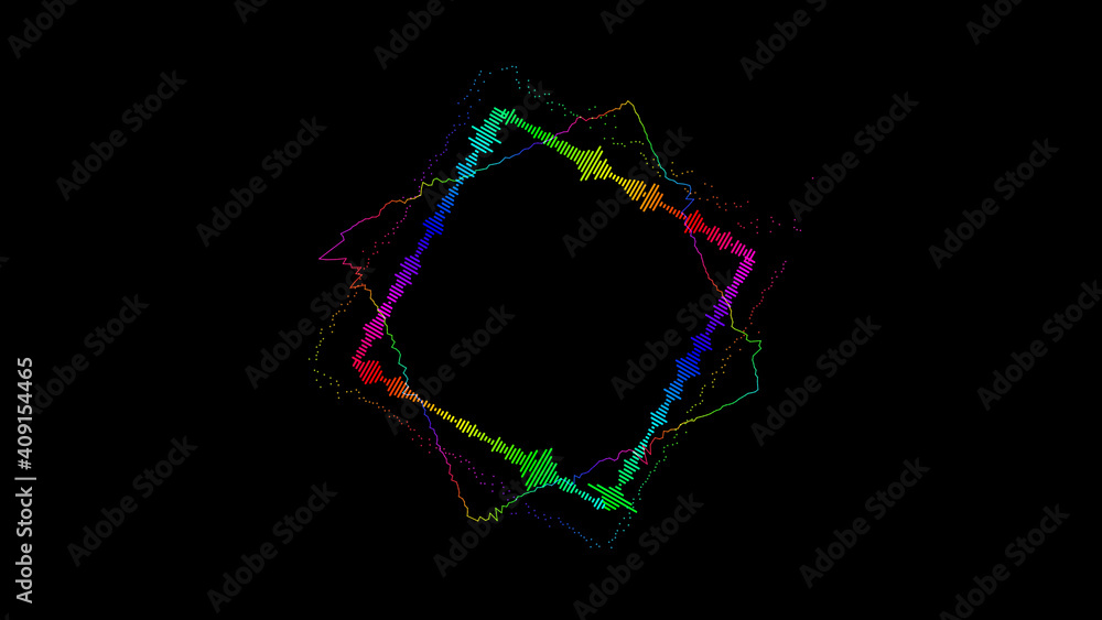 Abstract rectangle spinning spectral wave design on black background vibrating spectrum wave form. Audio spectrum simulation for music futuristic animation
