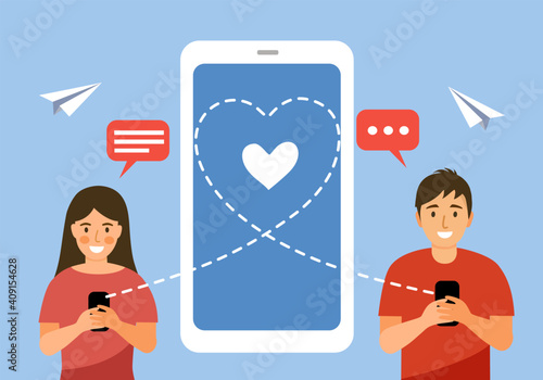 Loving couple chatting via smartphone. Online dating app. Man making video call to his girlfriend. Long distance relationship. Valentine’s Day concept vector illustration.