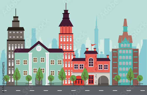 city life megalopolis cityscape scene with skyscrapers and road