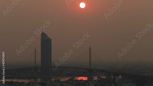 Blurred background of high angle motion video, overlooking the capital city landscape and the evening twilig photo