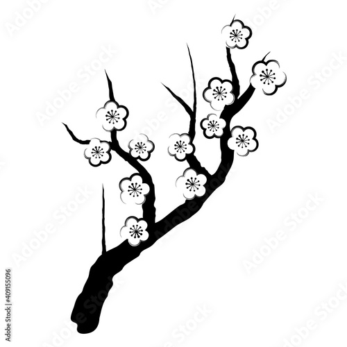 Japanese style illustration of plum tree (vector, white background, cutout)
