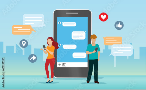 People using chatting application on smartphone for communication. Idea for social networking, social media marketing and digital online technology in people lifestyle concept.