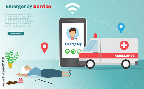 Ambulance car come to help elderly woman who falling down and seriously injured at home. Medical and healthcare technology service for elderly people concept.