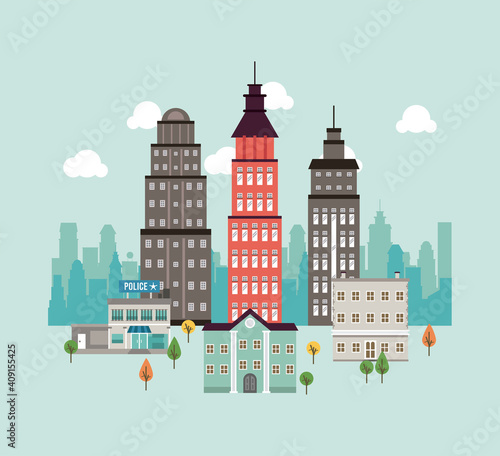 city life megalopolis cityscape scene with skyscrapers and police station
