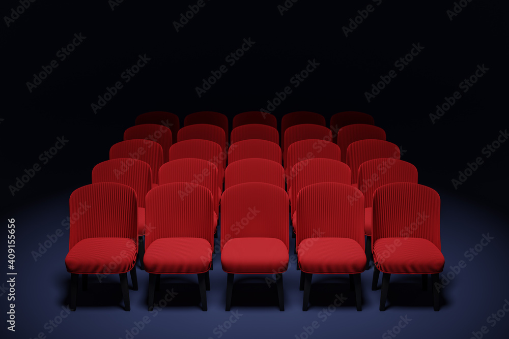 Obraz premium 3D render the same rows of red cartoon soft chairs in the theater. Concept of a beautiful movie theater with chairs