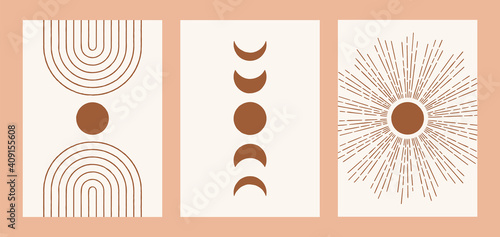 Boho sun, moon, arch set, minimalist mid century modern art