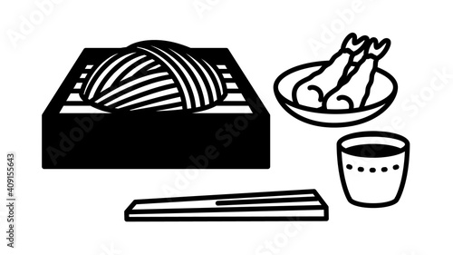 Japanese buckwheat noodles. Tempura Soba. Soba served with a dipping tenpura.