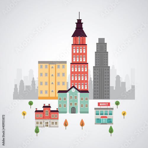 city life megalopolis cityscape scene with buildings and market