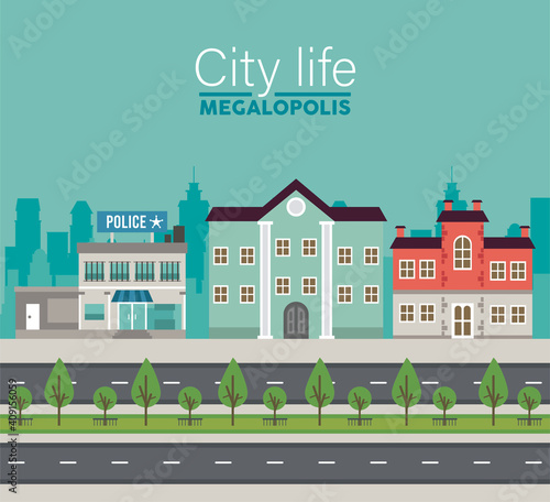 city life megalopolis lettering in cityscape scene with police station and buildings