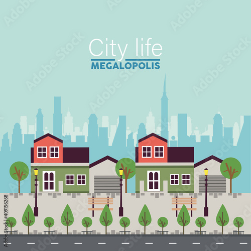 city life megalopolis lettering in cityscape scene buildings and park