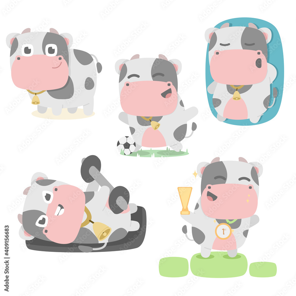 cow character set collection mascot cute animal soccer gym run winner with flat cartoon style