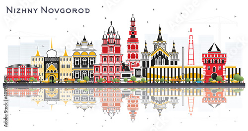 Nizhny Novgorod Russia City Skyline with Color Buildings and Reflections Isolated on White Background.
