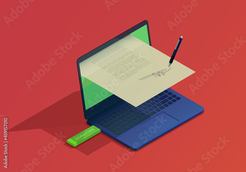 Isometric illustration on the theme of digital signature with laptop on red background