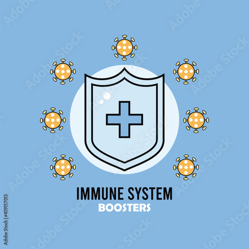 inmune system booster shield with covid19 particles and lettering