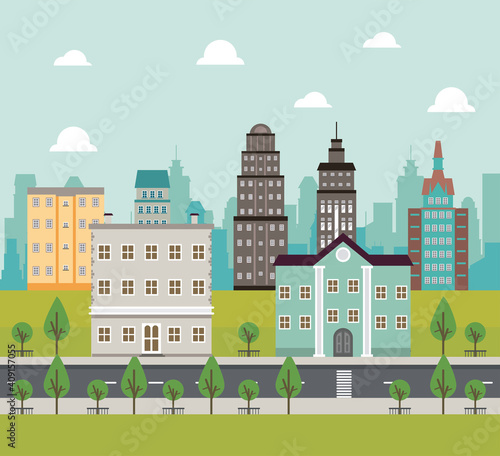 city life megalopolis cityscape scene with road and buildings