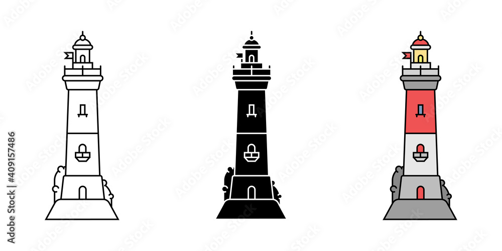 Set of simple flat minimalism lighthouses in three variations. Vector illustration Set of simple flat minimalism lighthouses in three variations. Vector illustration