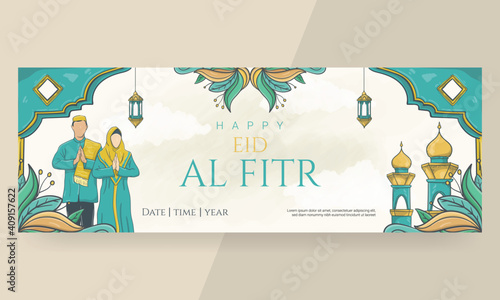 Hand drawn Happy Eid AL fitr banner