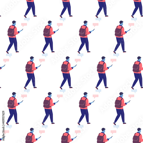 Seamless pattern with guys who chat and type on the phone. Male characters background