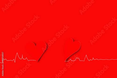 Cut paper heart shape on red background have shadow with Freehand sketch line white Valentine Day for copy text card, love background photo