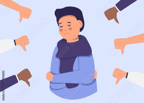 Cheerful young man is surrounded by hands with thumbs down. The concept of public disapproval, non-recognition of the audience, negative opinion. Vector illustration
